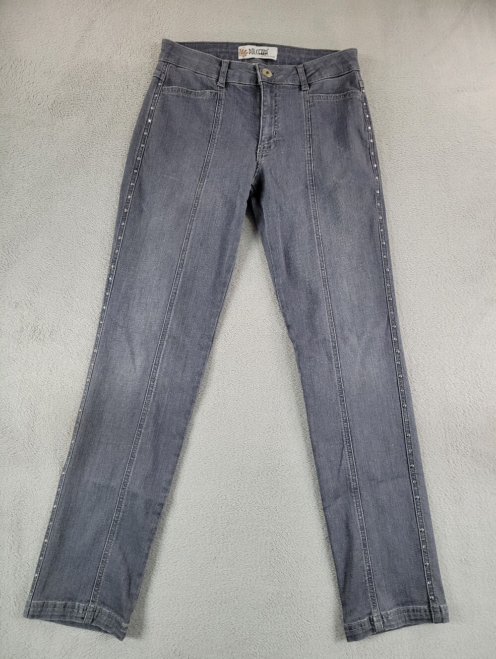 Dolcezza Mid-Rise Gray Straight-Leg Jeans with Side Stud Detail